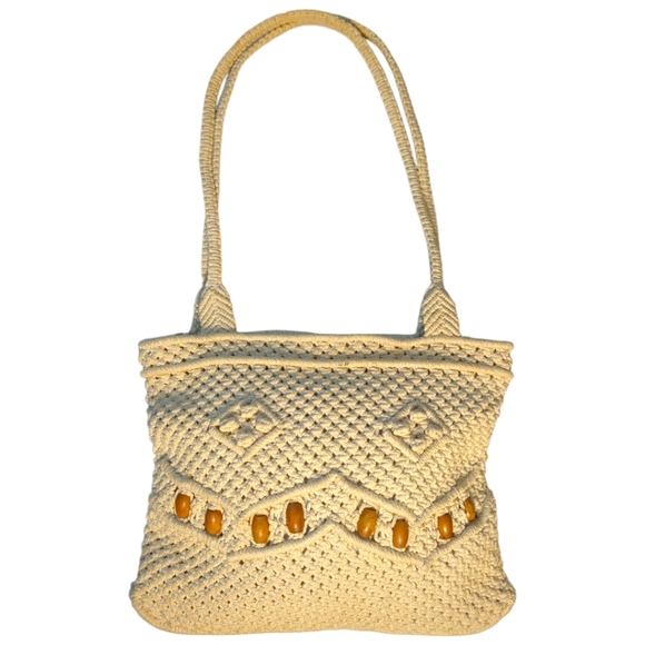 Vintage Handmade Woven Cotton Wood Beaded Handbag / Purse Boho Hippie - Picture 1 of 7